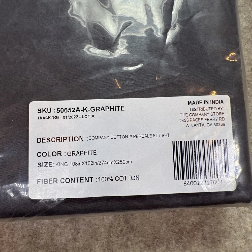 KING Flat Sheet The Company Store 100% Cotton Percale 50652A-K-GRAPHITE NEW